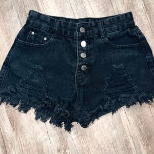 SHEIN Black High-Rise Distressed Button-Front Denim Shorts